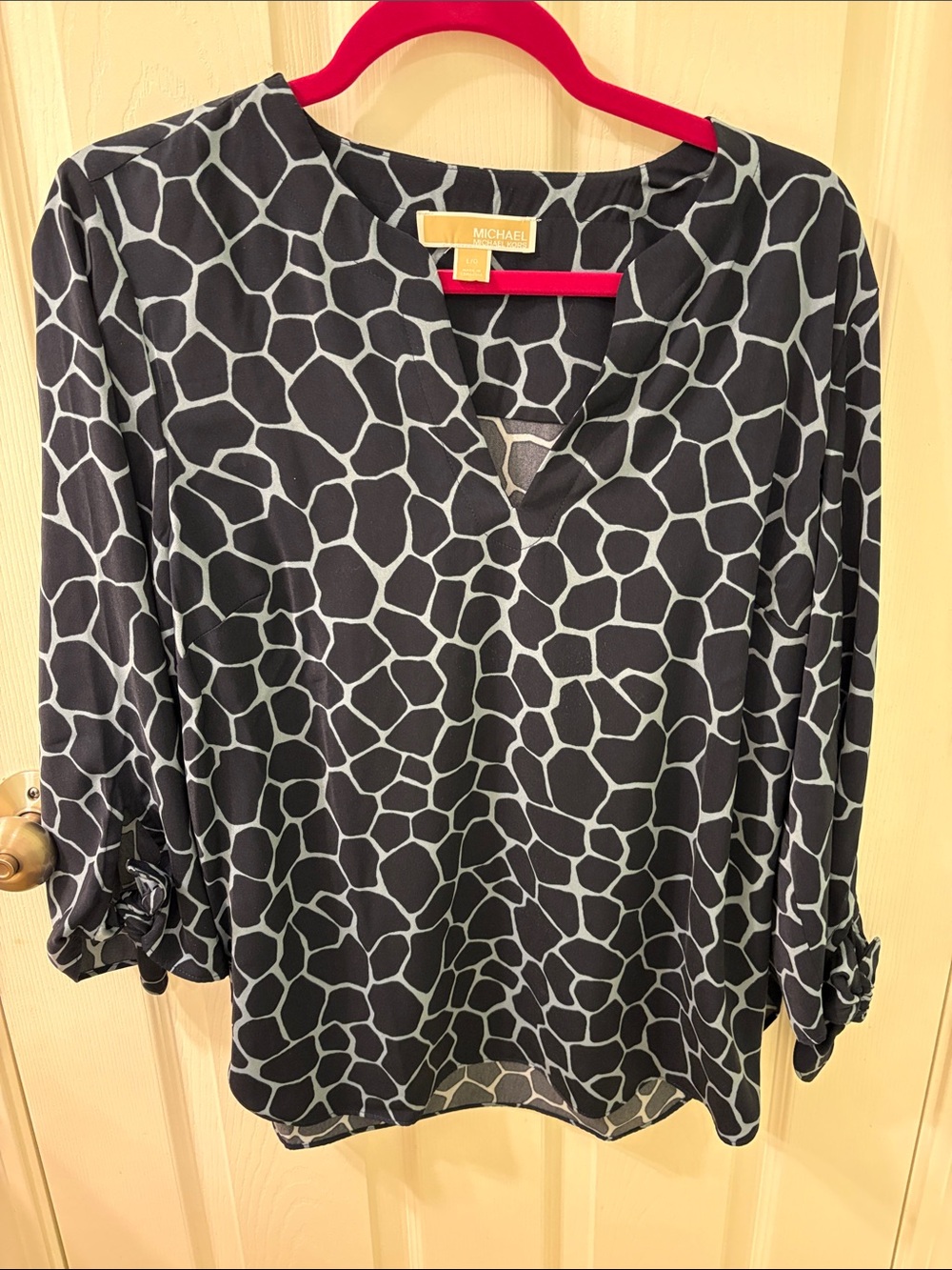 Michael Kors Black & Blue Giraffe-Print V-Neck Blouse